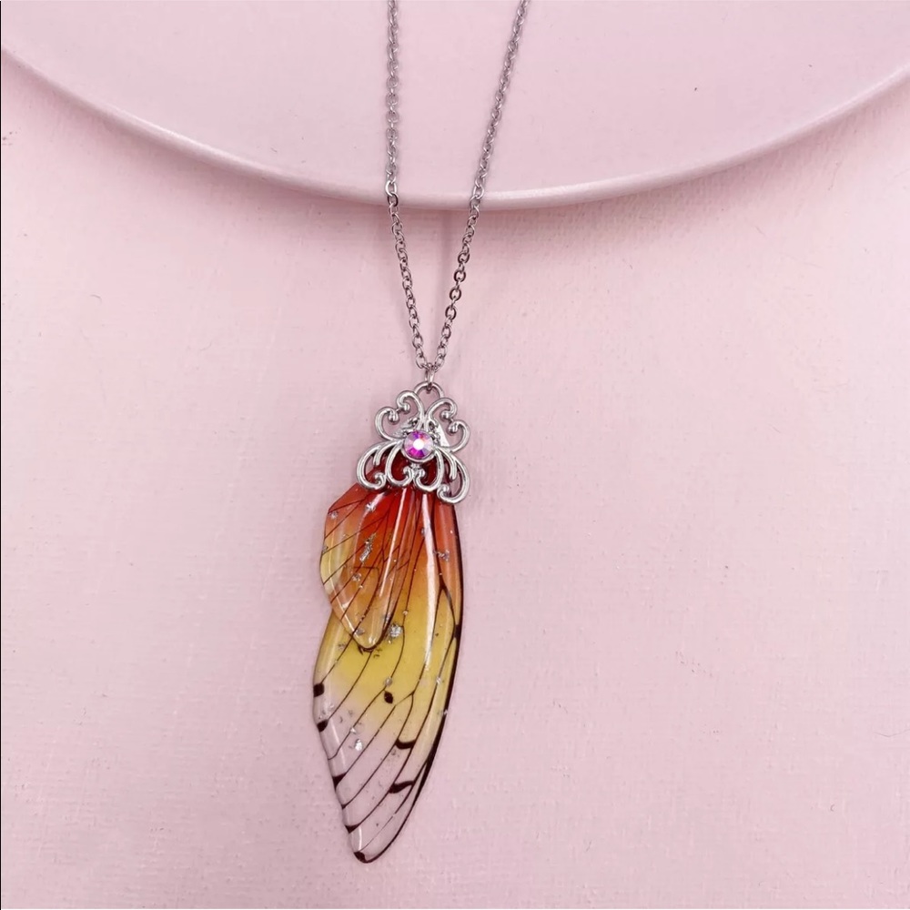 Fairy Silver Pendant Red Butterfly Wing Necklace
